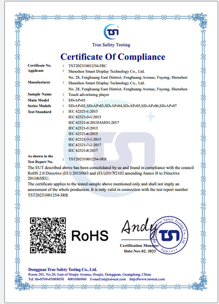 Porcelana Shenzhen Smart Display Technology Co.,Ltd certificaciones